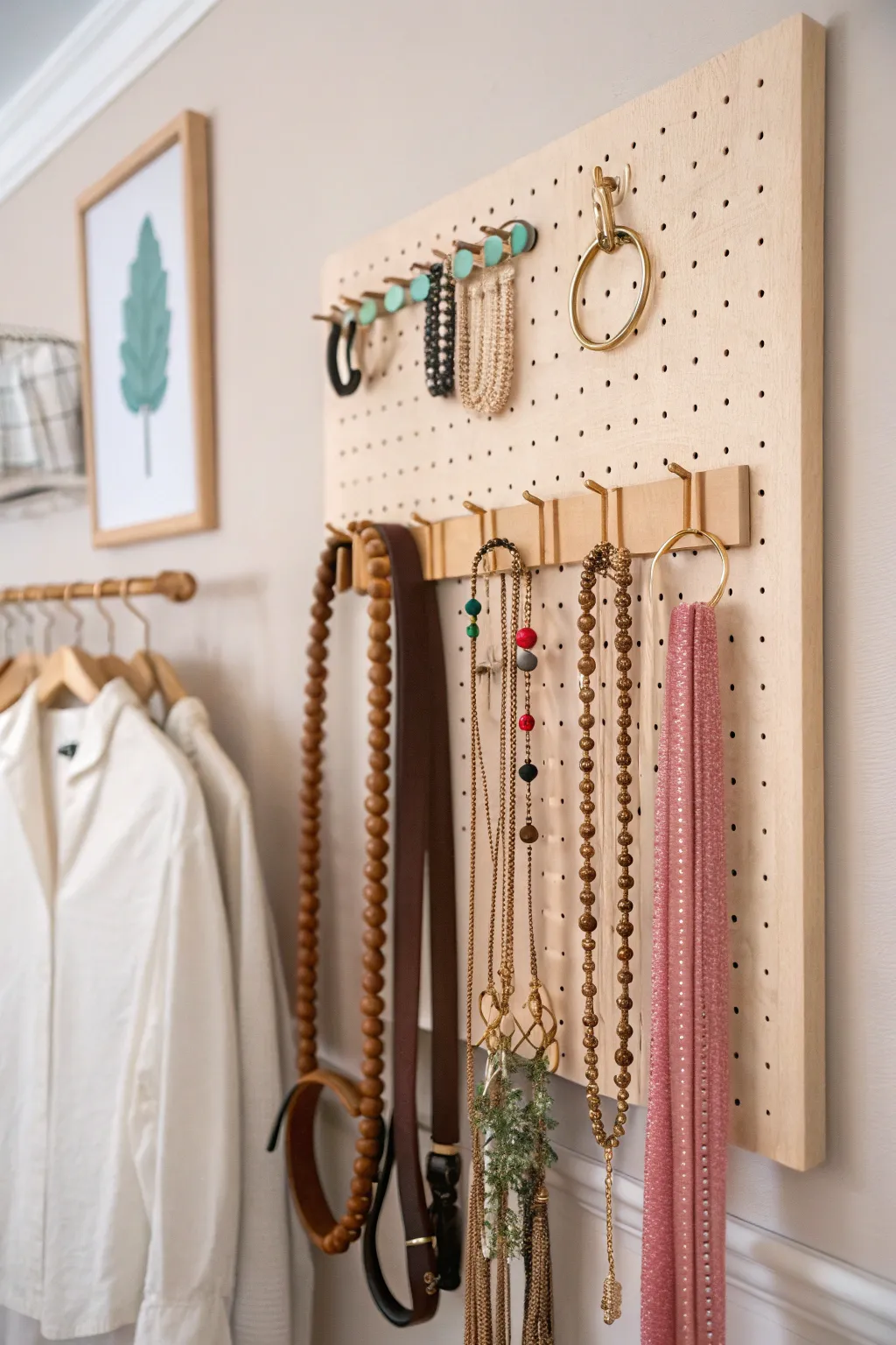 Transform your closet into a masterpiece of organization with a stylish pegboard for your accessories. #DIYCloset #ScandiBohoCharm