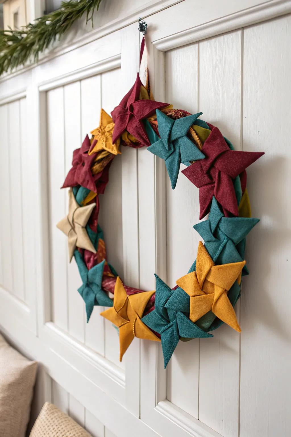 Elevate your space with a touch of eco-friendly elegance: a DIY star wreath crafted from vibrant fabric scraps.