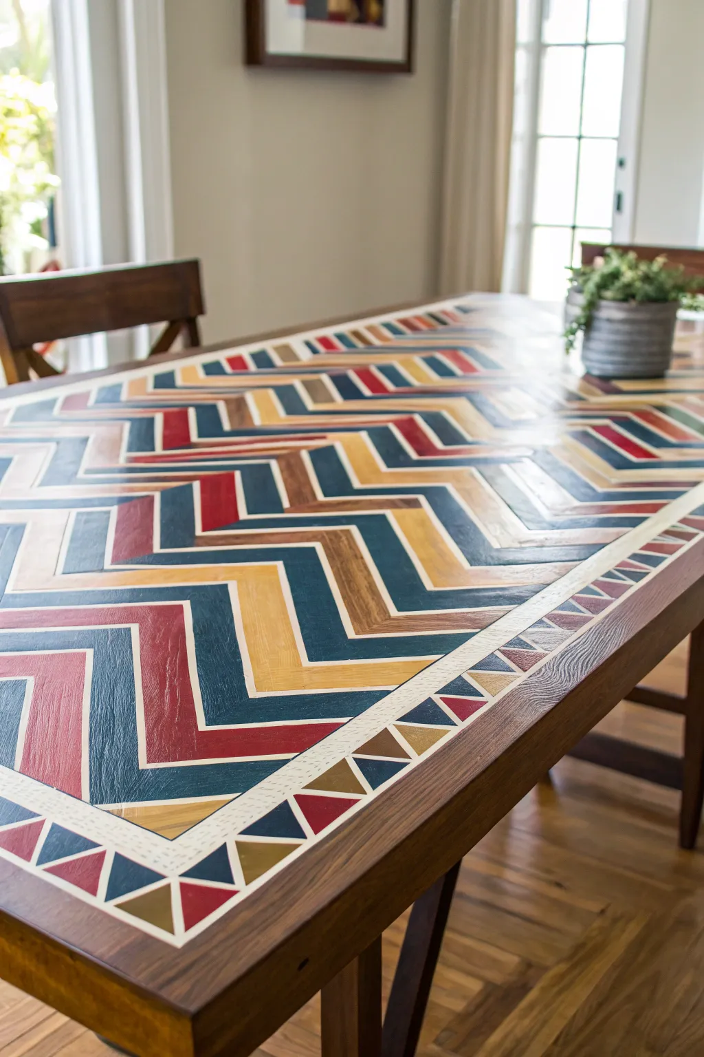 Revamp your dining space with a bold chevron pattern — a masterpiece of DIY craftsmanship.