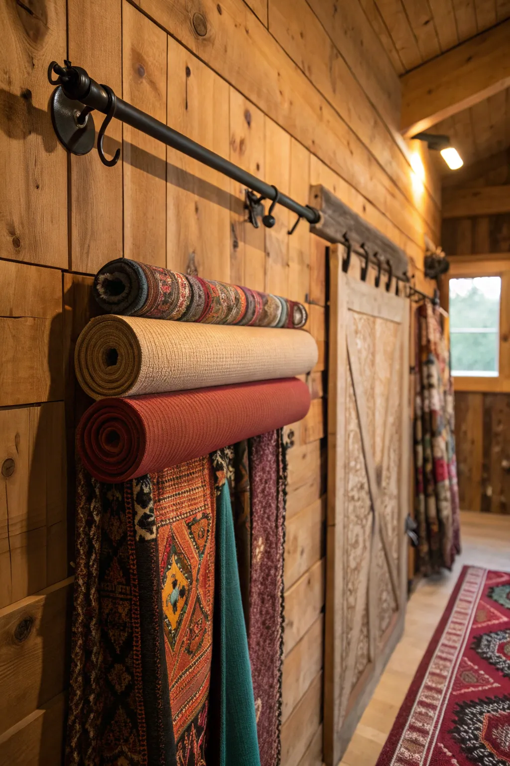 Transform your tack room with rustic elegance: Curtain rods meet vibrant rugs for a stylish DIY touch.