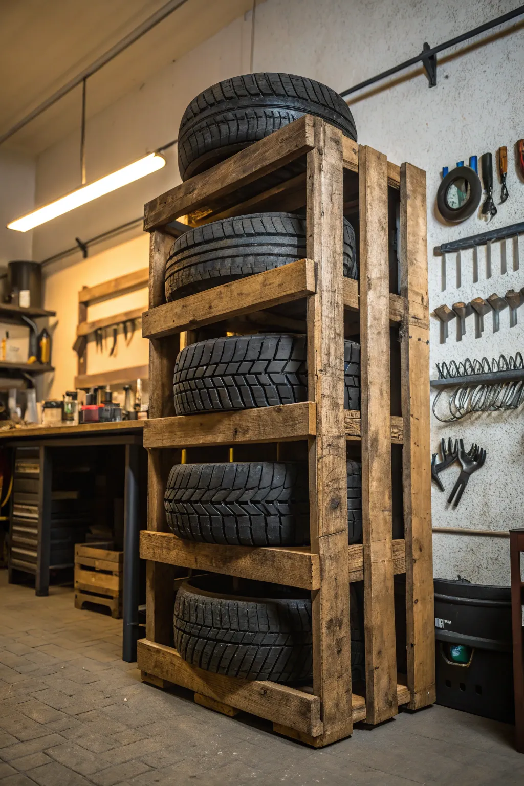 Reimagine your garage with this handcrafted pallet tire rack, where sustainability meets style.