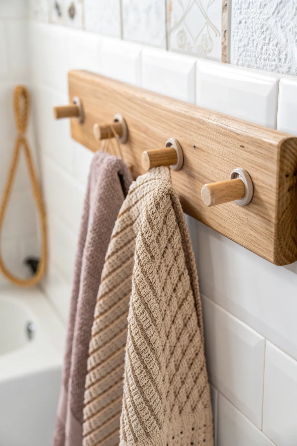 Elevate your small bathroom with these rustic wooden pegs—where Scandinavian minimalism meets bohemian warmth!