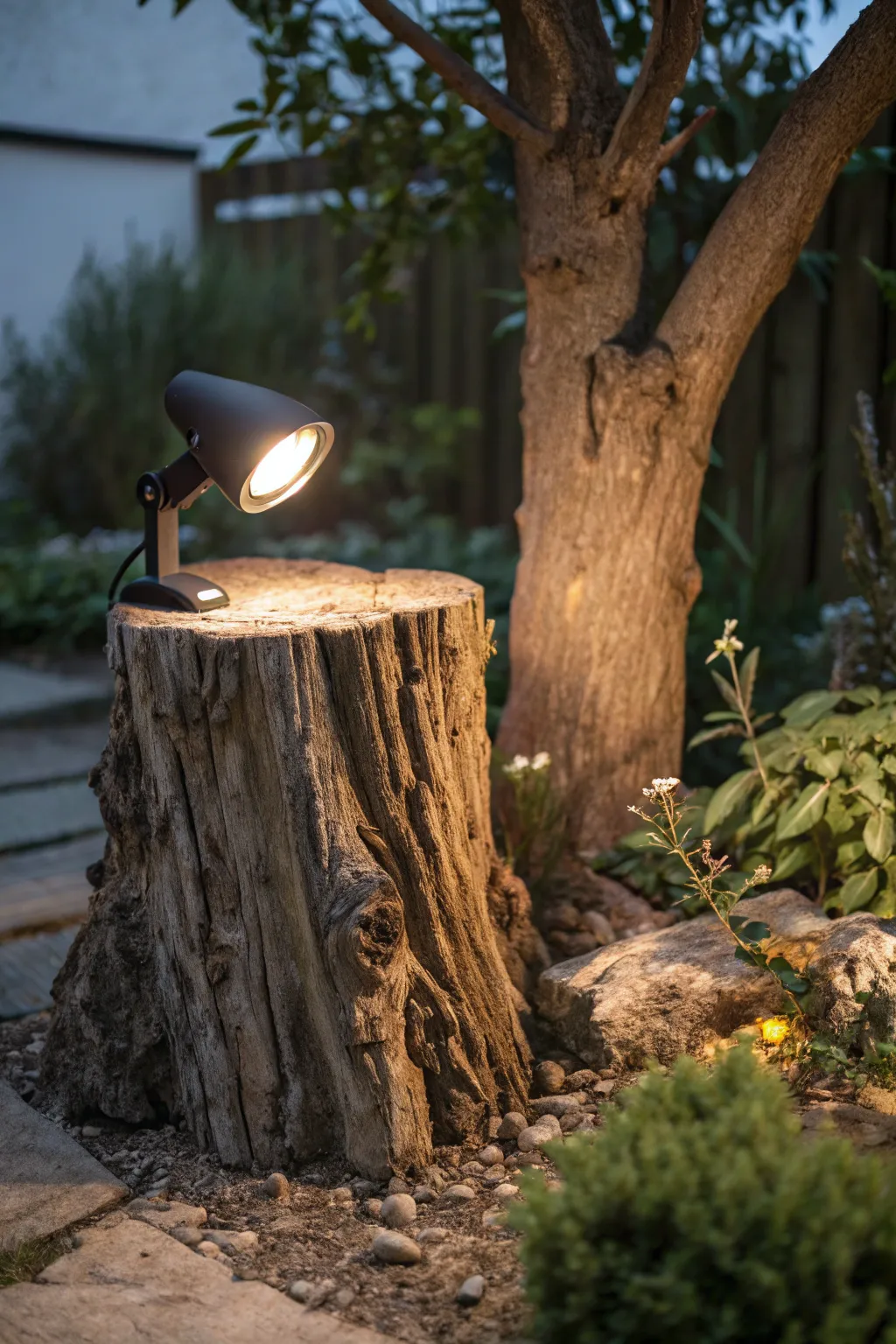 Illuminate your garden's beauty with a handcrafted tree stump spotlight.