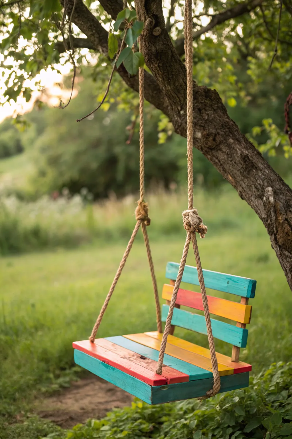 Transform your garden with a vibrant pop of color and craftsmanship - a painted tree swing that stands out beautifully amid nature's green.