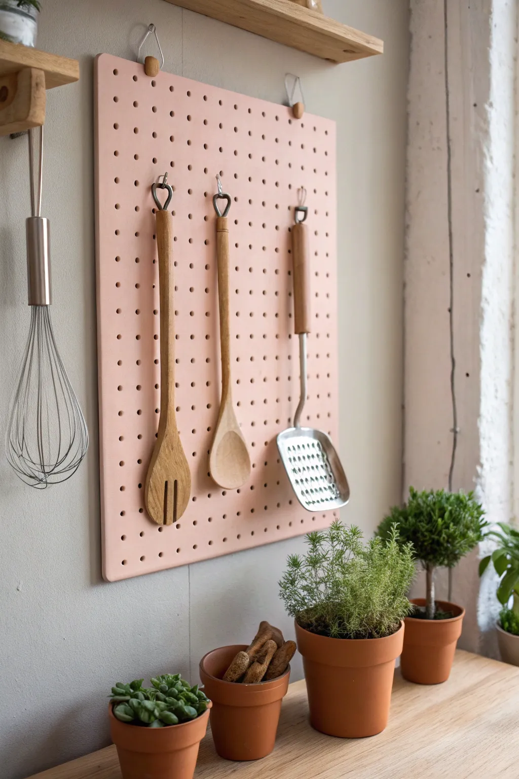Elevate your kitchen with a chic and functional pegboard design, blending simplicity and natural beauty. 🌿✨