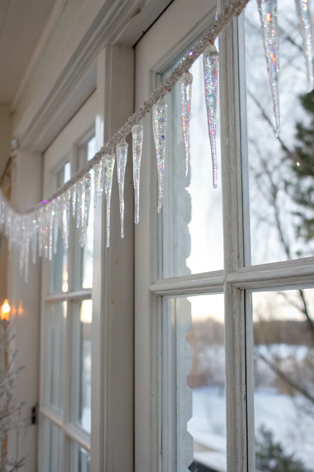 Capture winter's magic with a handmade icicle garland that beautifully reflects light and adds a touch of minimalist elegance to your home.
