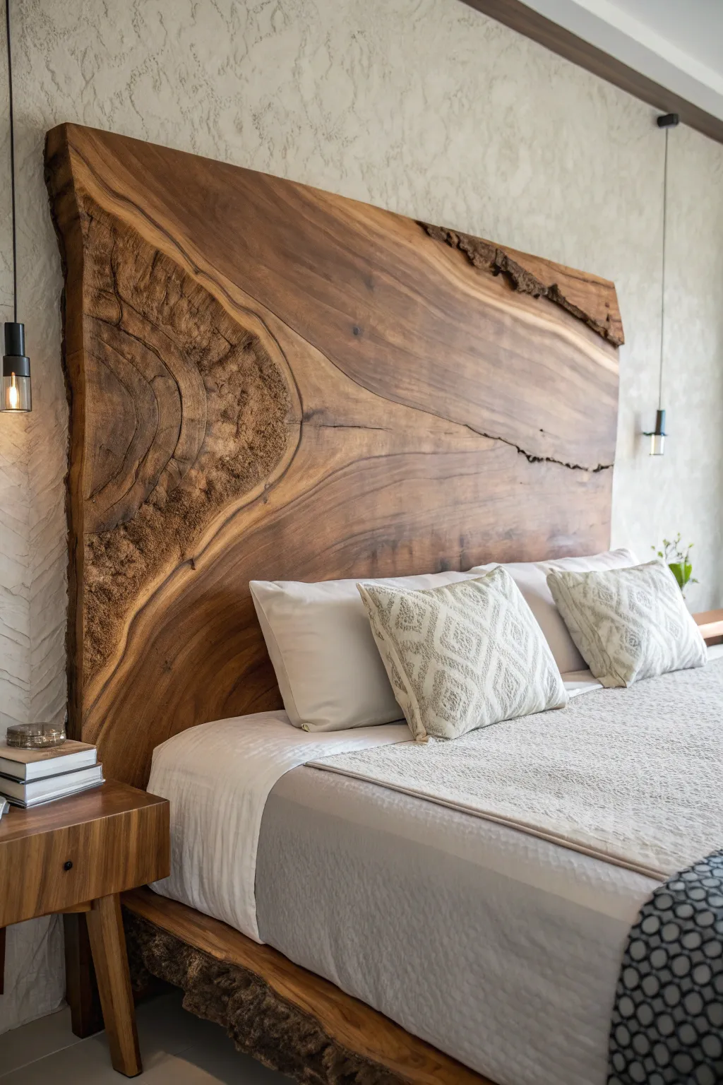 Elevate your space with a handcrafted wood slab headboard for a touch of rustic elegance.