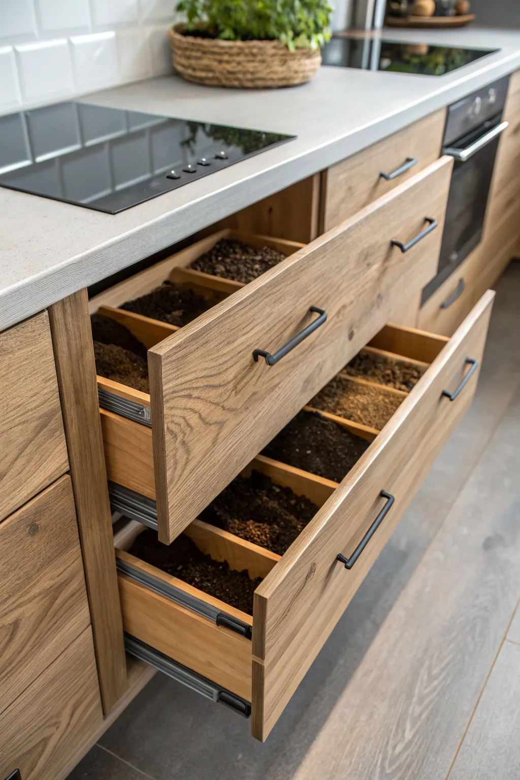 Elevate your kitchen with a handcrafted composting drawer system — a perfect blend of style and sustainability.