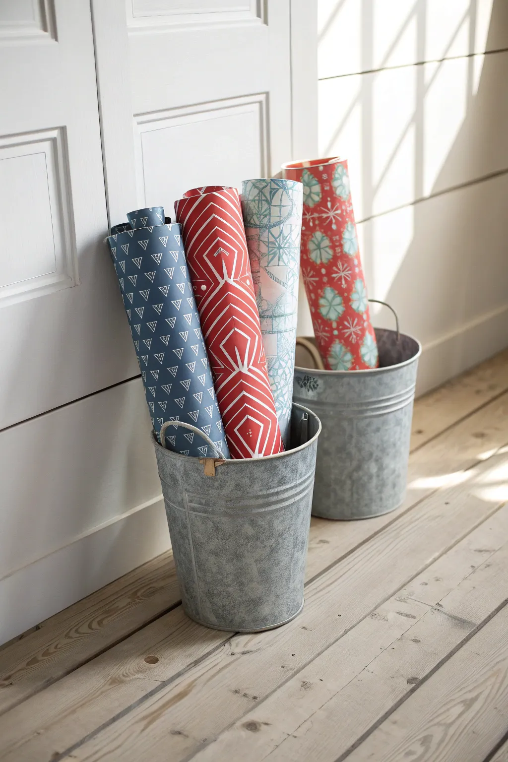 Transform your space with a touch of rustic charm using repurposed buckets for stylish wrapping paper storage.
