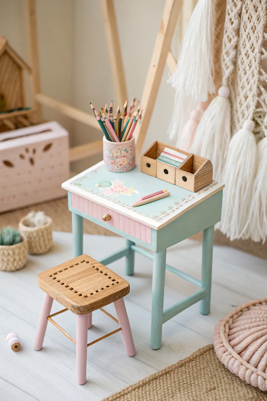 Tiny Study Haven: A charming and minimalist doll's school desk crafted with love and detail.