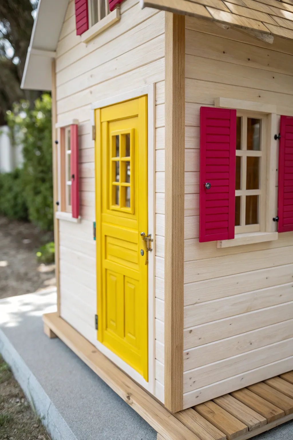 Add a playful twist to your dollhouse with whimsical color pops - a bright yellow door and vibrant shutters for a touch of personality!