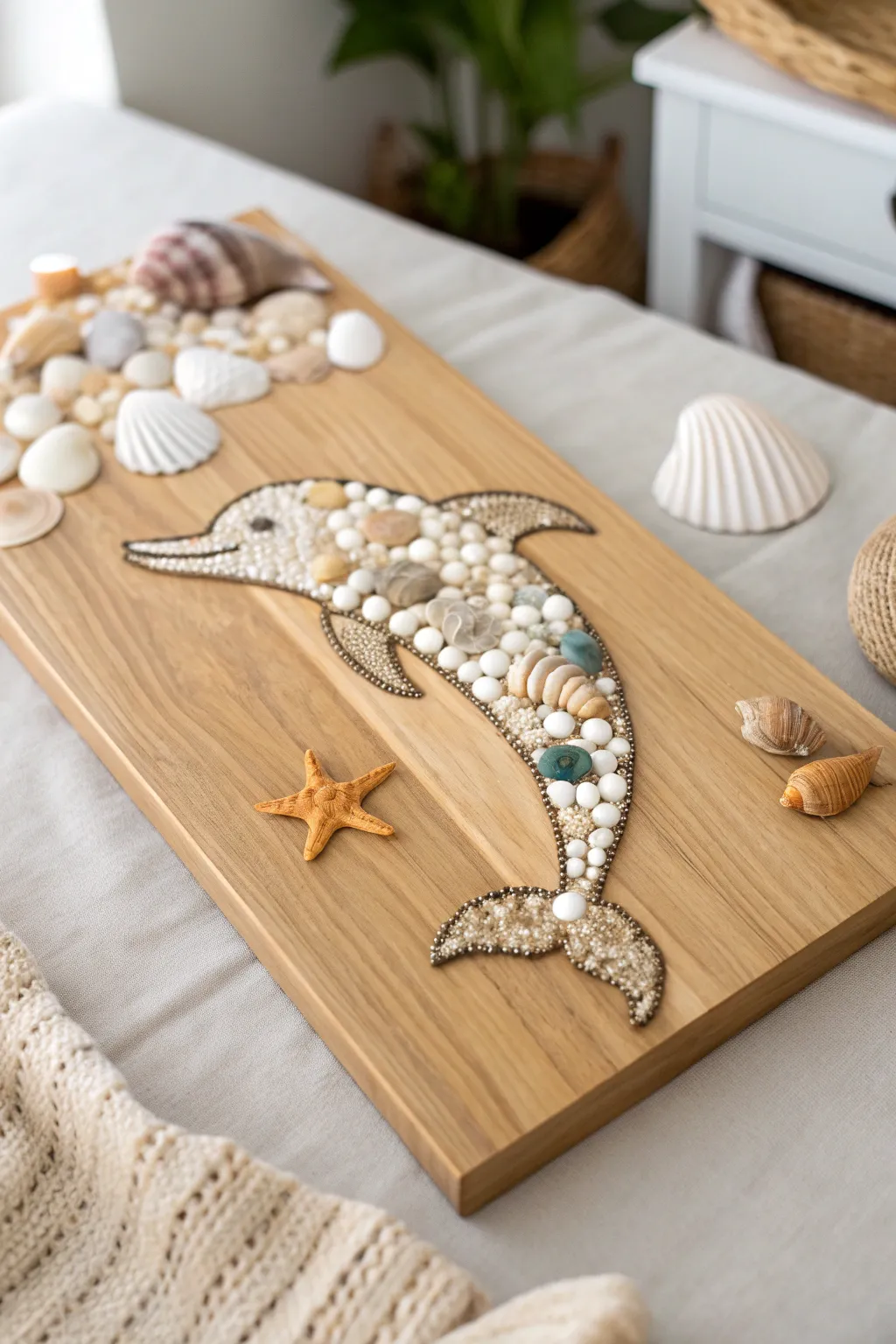 Bring the ocean home with this stunning seashell dolphin mosaic, where nature meets artistry in minimalist elegance.
