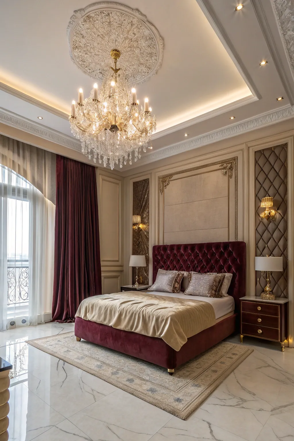 A chandelier and luxurious finishes elevate the elegance of this bedroom.