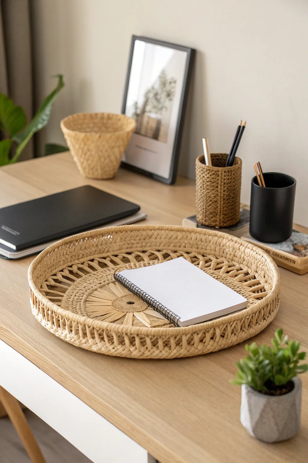 Elevate your desk space with a touch of elegance using a decorative tray, where organization meets style.