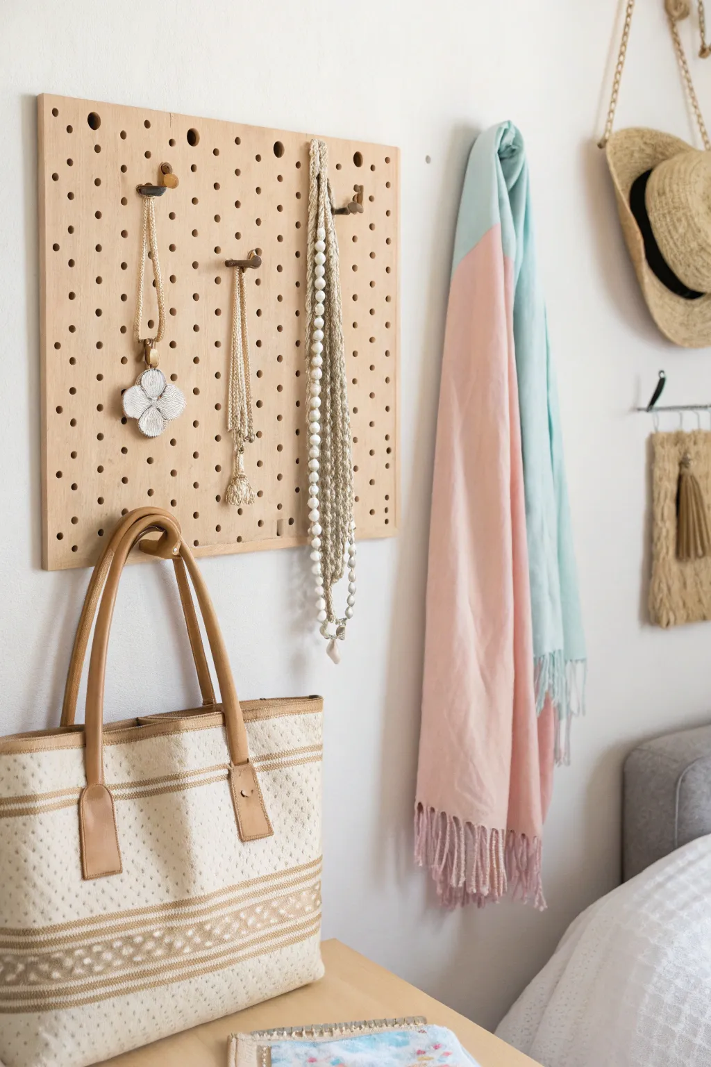 Transform your dorm room with stylish pegboards and hooks that add charm and functionality to your space!