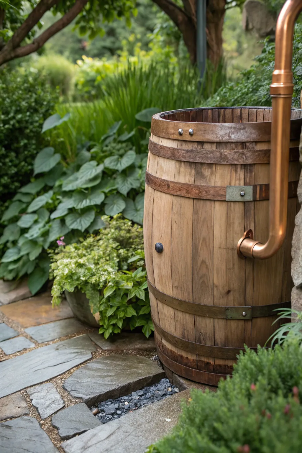 Capture and conserve: Elevate your garden with a handcrafted rain barrel solution.