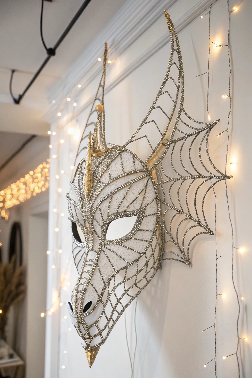 Embrace the art of simplicity and craftsmanship with this stunning wire-frame dragon mask.