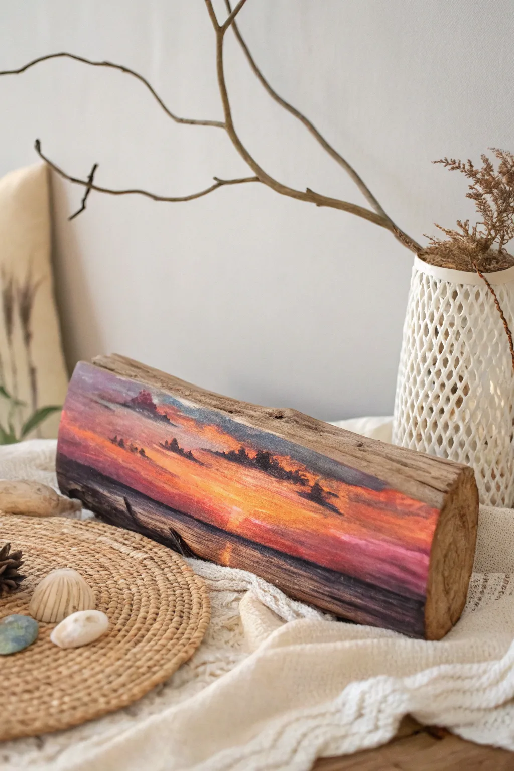 Embrace tranquility with sunset hues on driftwood, capturing nature's serene artistry.