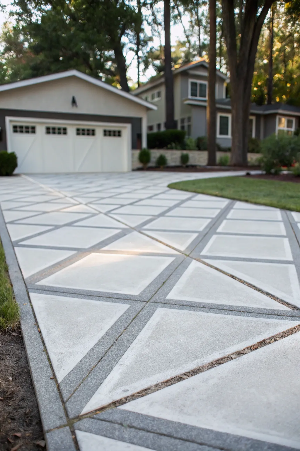 A driveway with modern sawcut patterns.