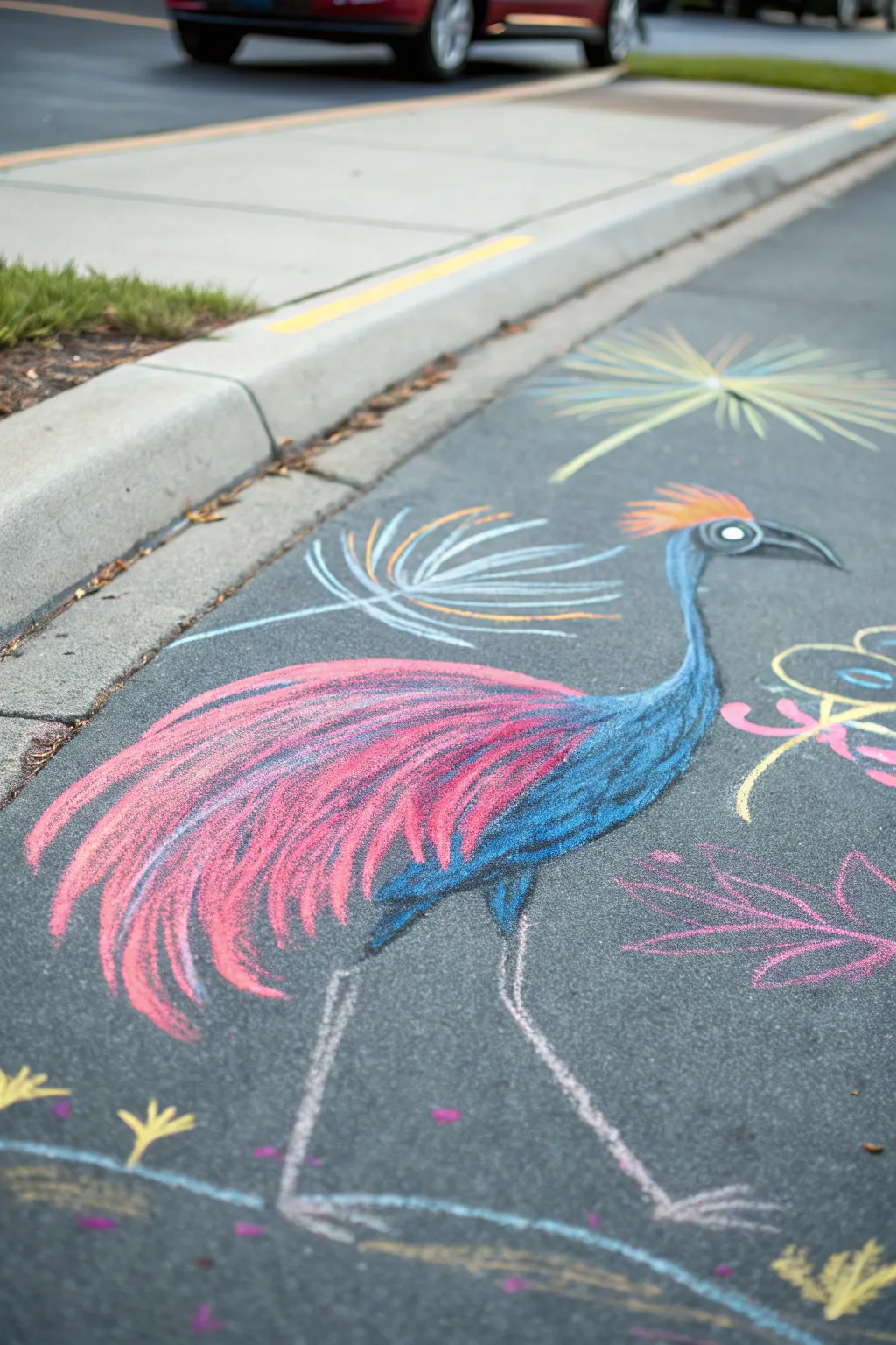 Bring a burst of color to your day with this stunning chalk-drawn tropical bird!