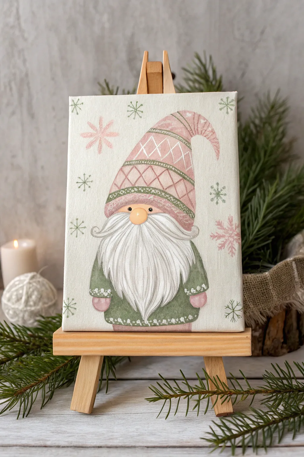 Embrace the whimsy of the season with this charming Christmas gnome canvas, perfect for adding a playful touch to your minimalist holiday decor.