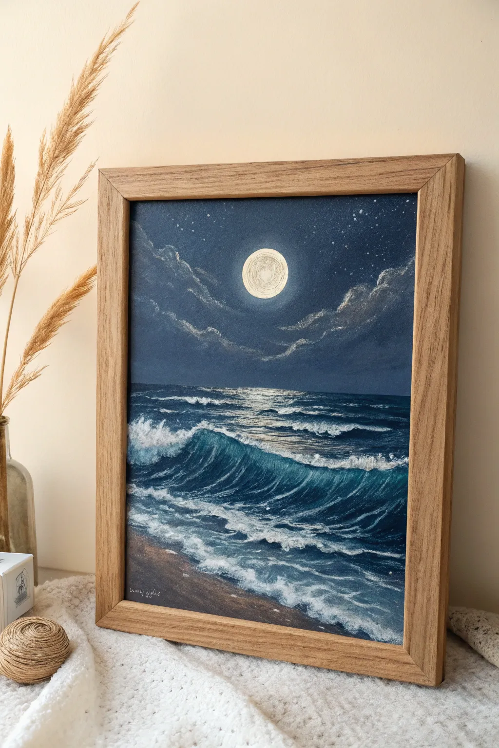 Capture the serene magic of moonlit waves with this minimalist masterpiece.