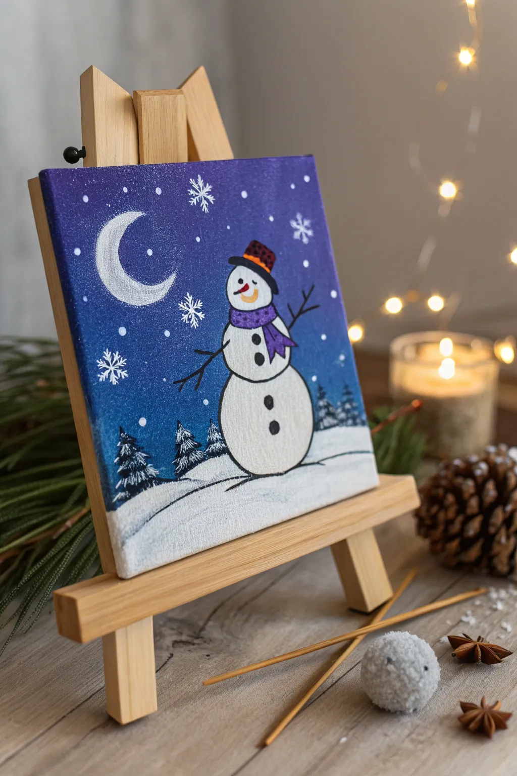 Capture the magic of a starry night with this minimalist snowman painting. #ScandinavianDesign #WinterArt
