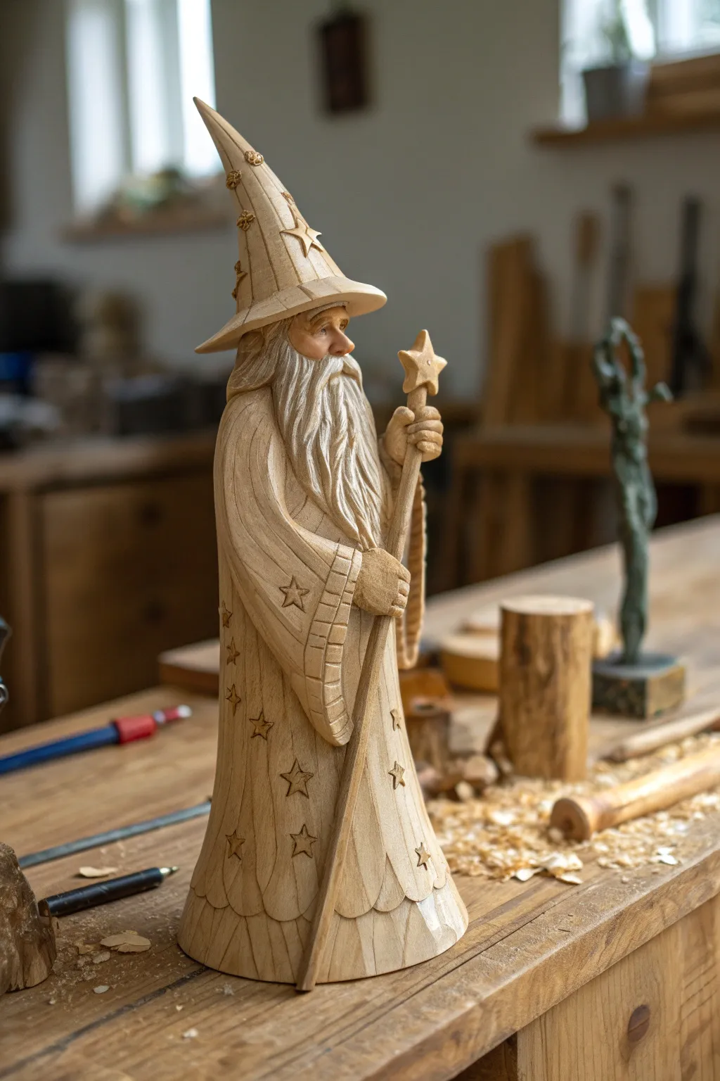 Unleash a touch of magic with this intricately whittled wizard, a testament to the art of craftsmanship.
