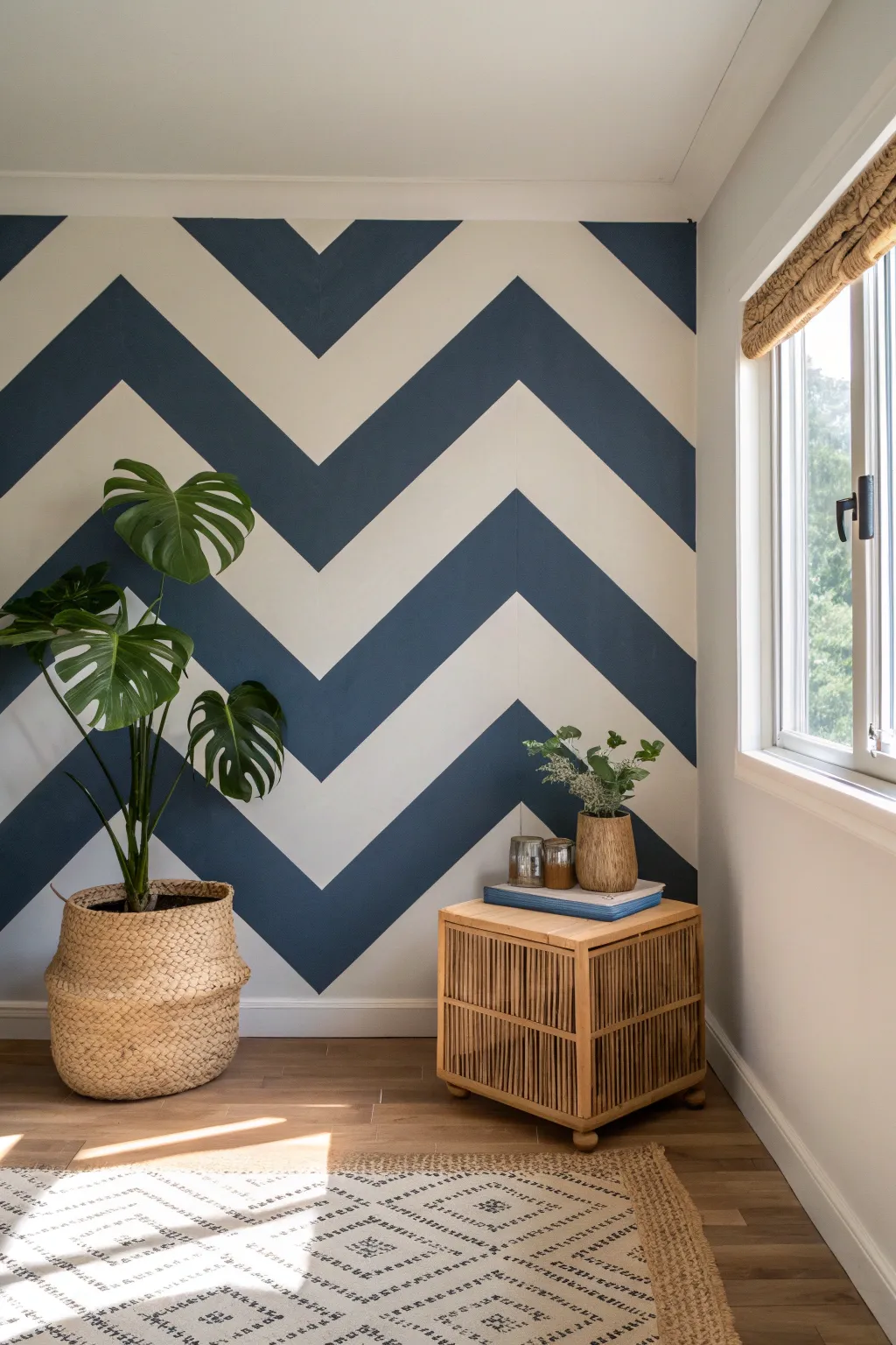 Effortless Elegance: Transform your space with a chic chevron design using just paint and tape. Perfect for adding a bold touch to minimalist interiors.
