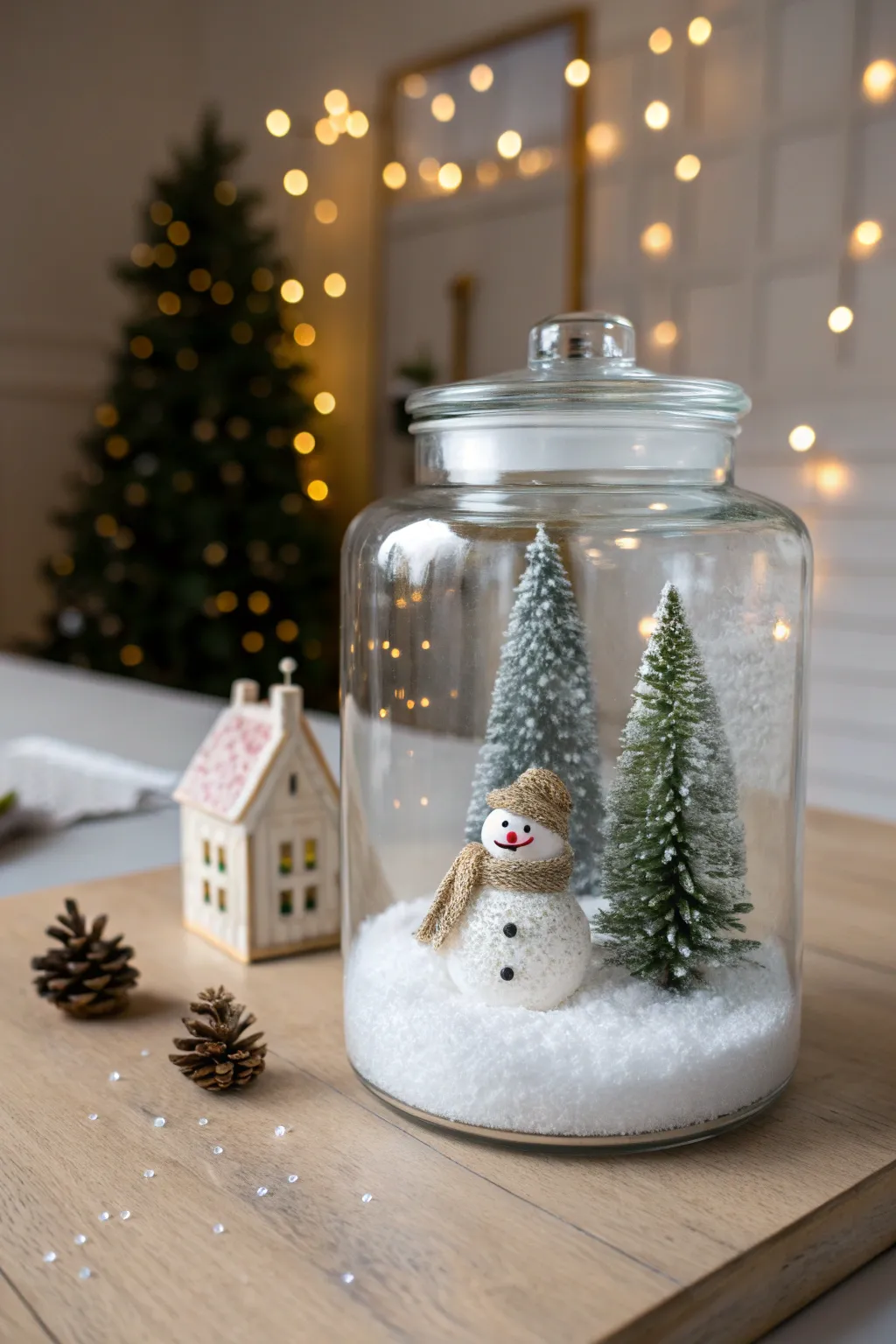 Capture the magic of winter with a whimsical scene in a jar, where simplicity meets snowy enchantment.