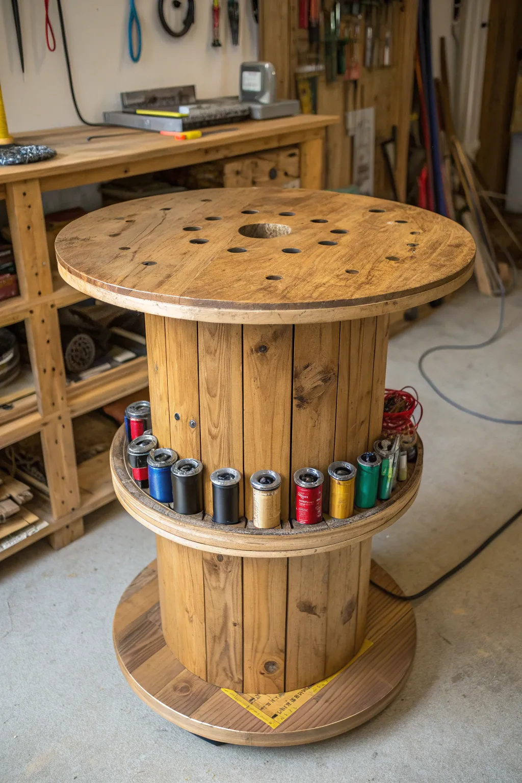 Elevate your workspace with this handcrafted spool storage solution.