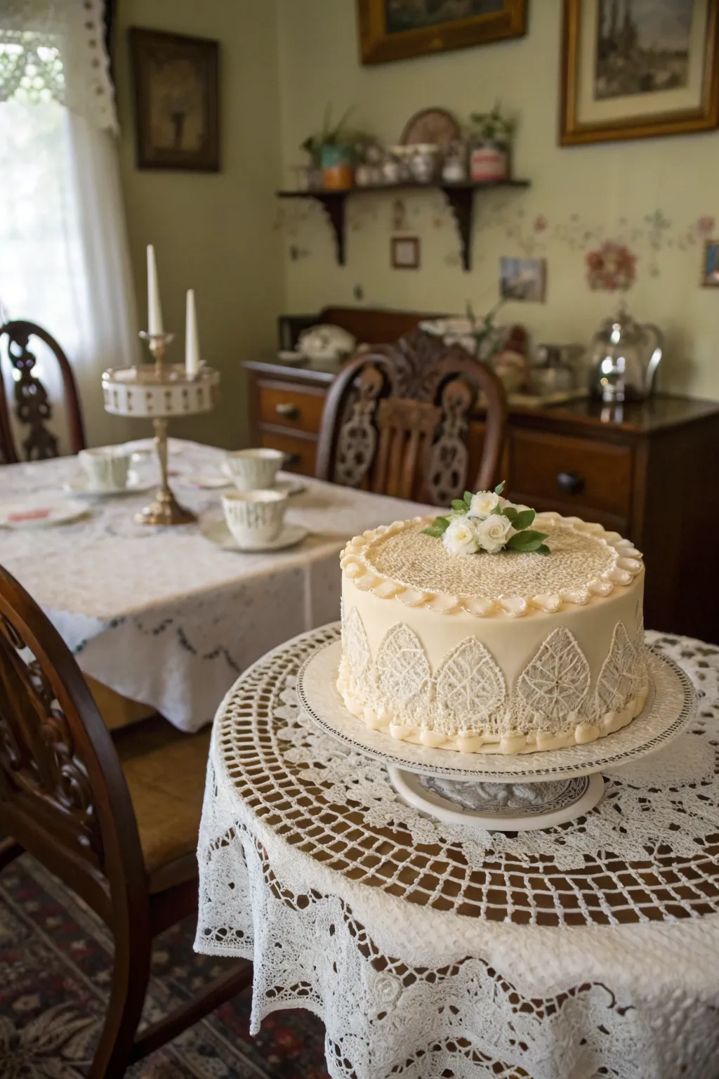 A vintage lace cake with intricate edible lace detailing for a classic touch.
