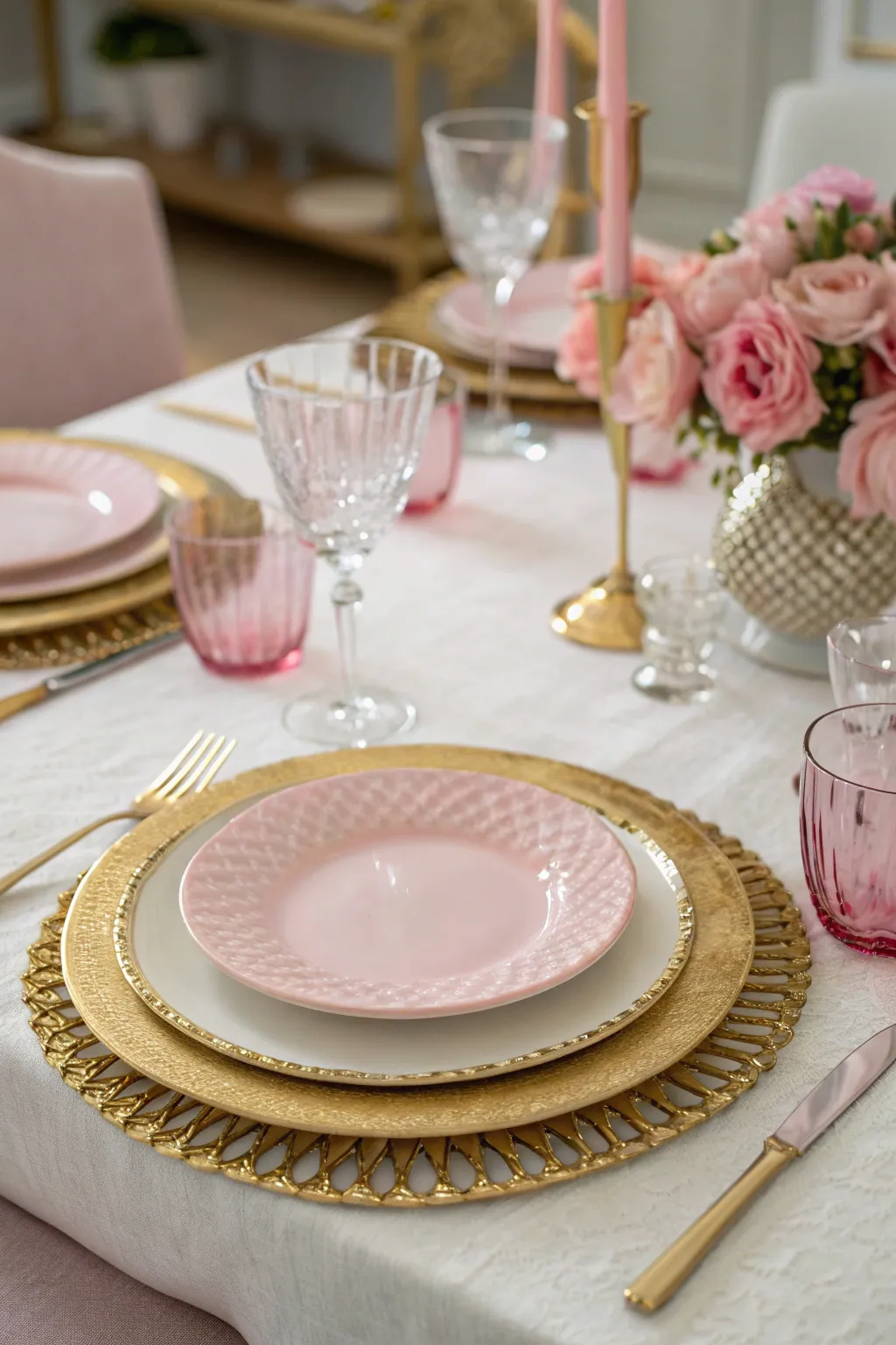 Gold-rimmed plates add sparkle and elegance.
