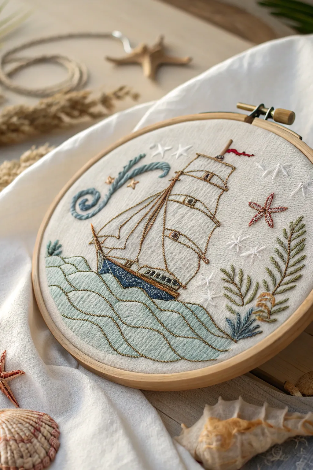 Set sail on a sea of creativity with this stunning nautical embroidery piece.