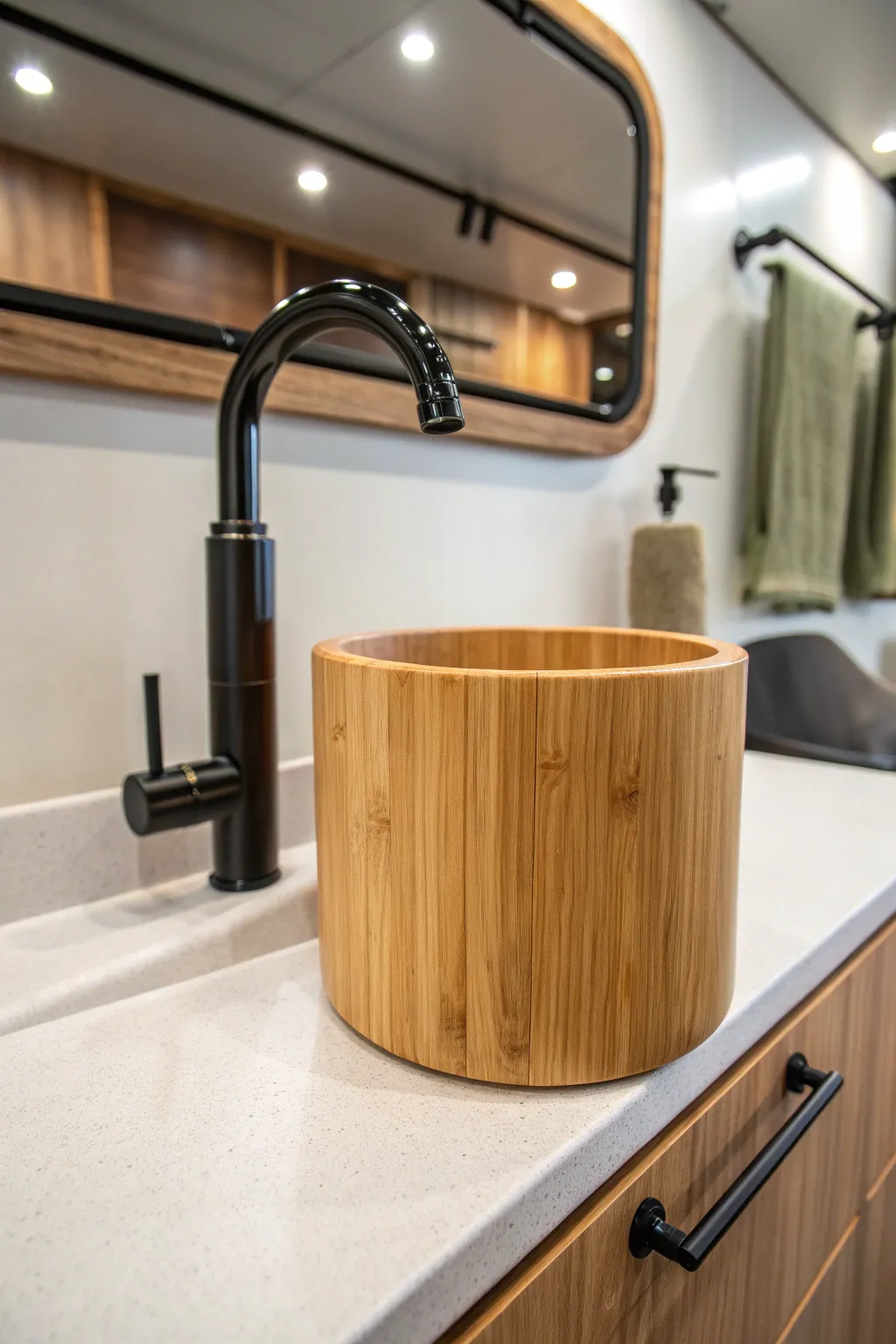 Elevate your trailer's bathroom with stylish bamboo fixtures that blend elegance and practicality.