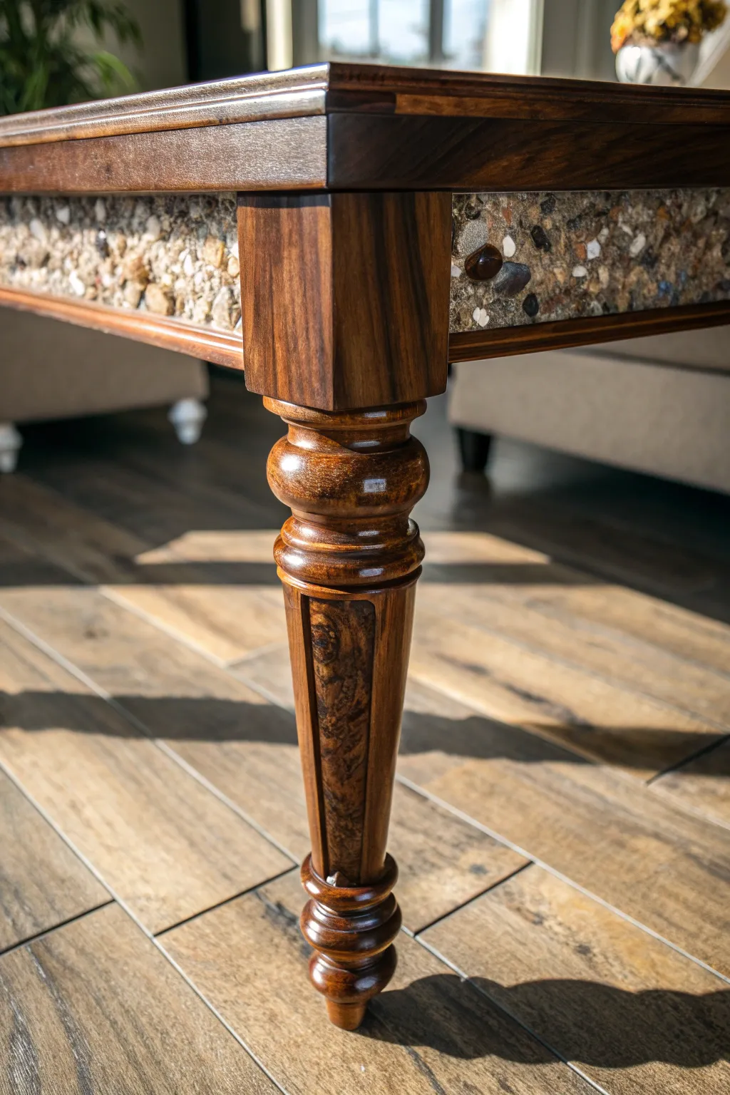 Craftsmanship meets storytelling: Unique epoxy table leg with embedded treasures from travels.