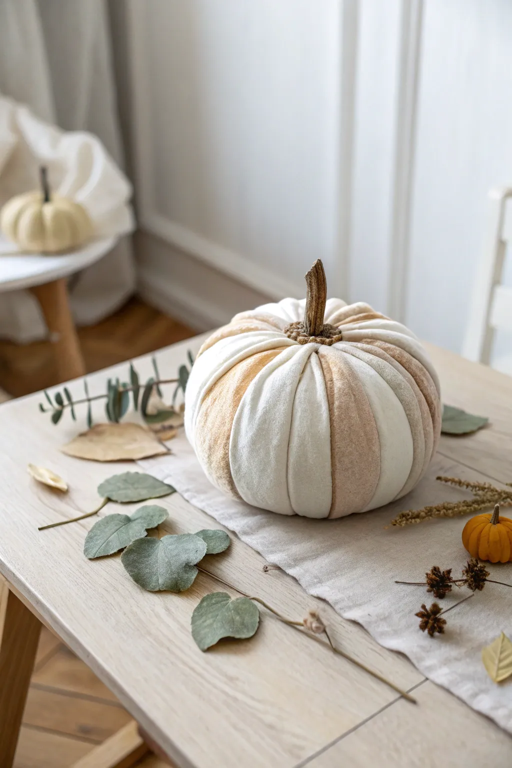 Embrace the monochrome magic with this elegant fabric pumpkin, perfect for a serene autumn touch.