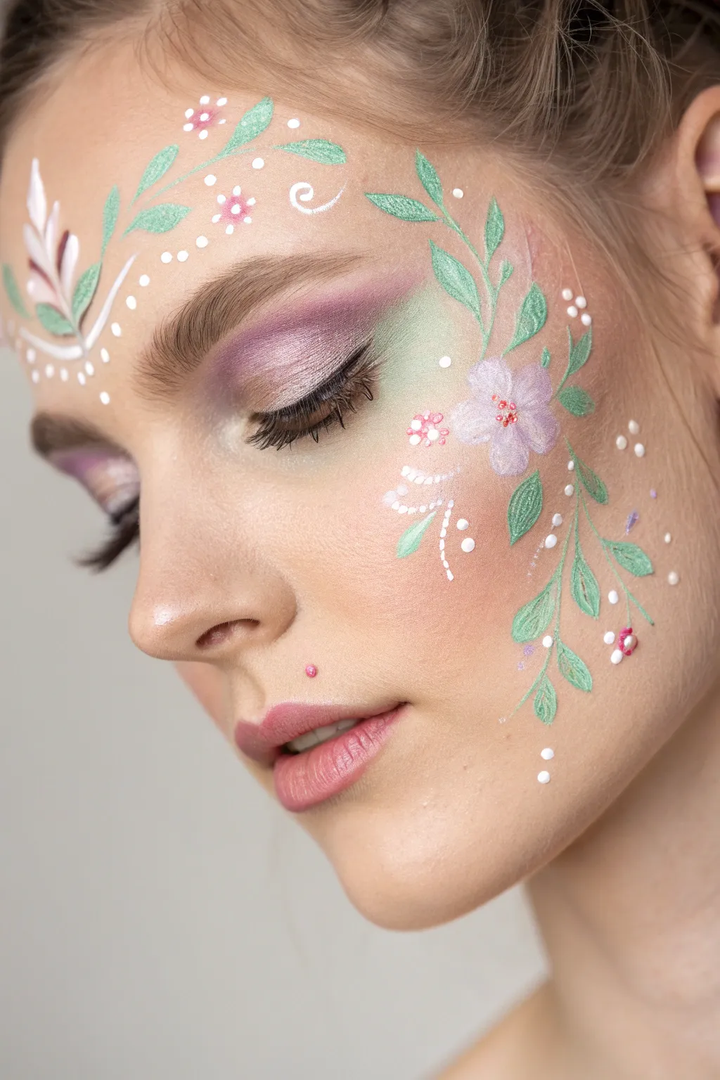 Embrace the magic with a whimsical fairy face paint, where delicate flowers and sparkles come alive in soft hues.