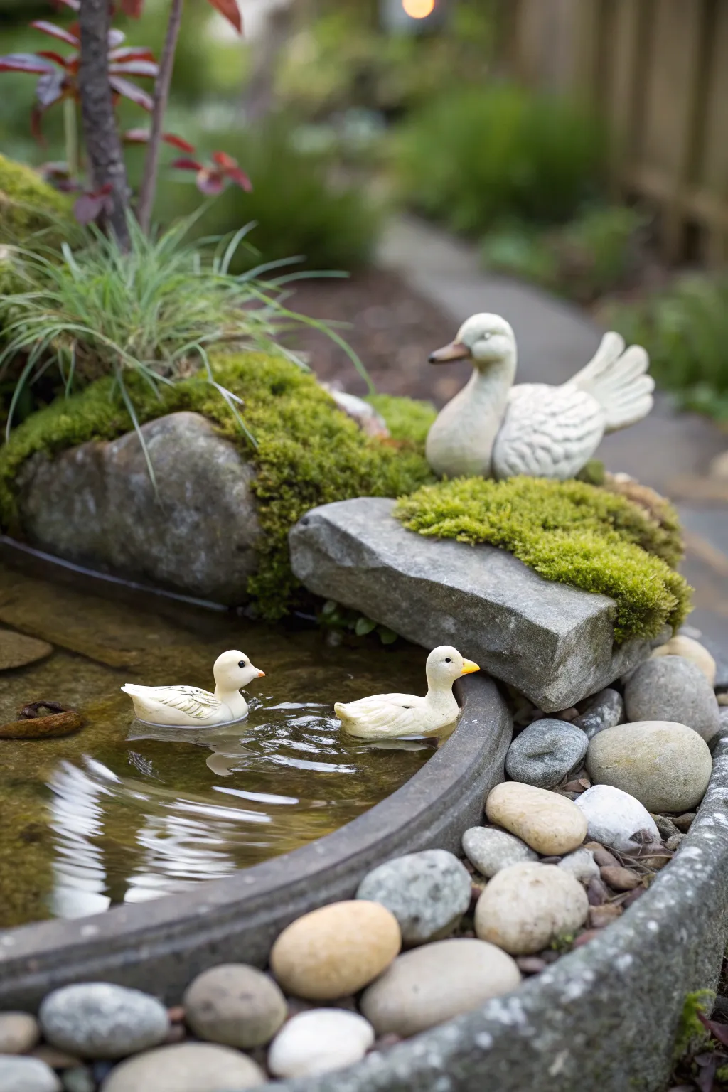 A gentle swim in a fairy tale setting - meet the charming duck family of the fairy garden pond!
