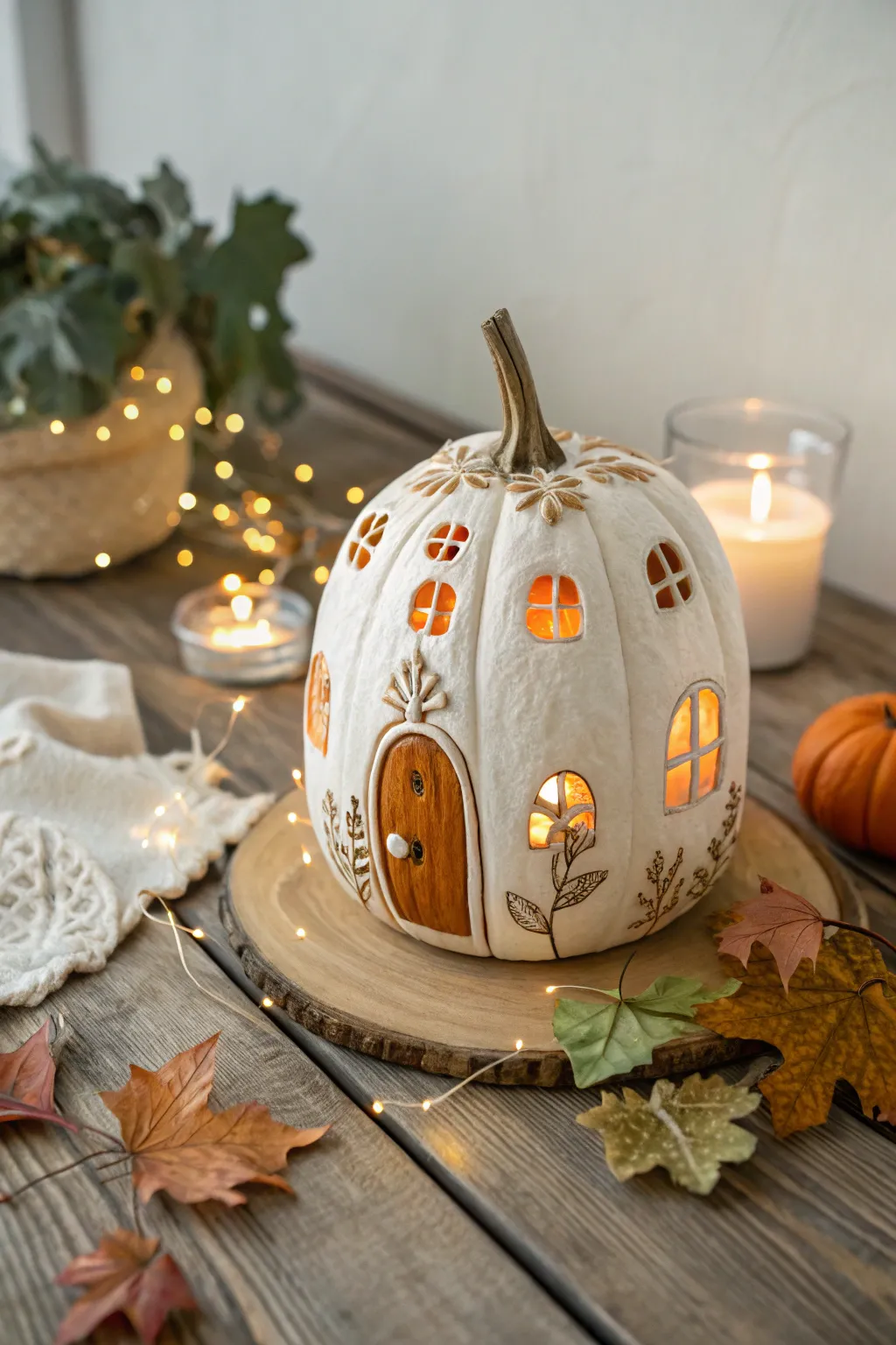 Enchant your home with the magical glow of a carved fairy house pumpkin, blending autumn hues with minimalist charm.
