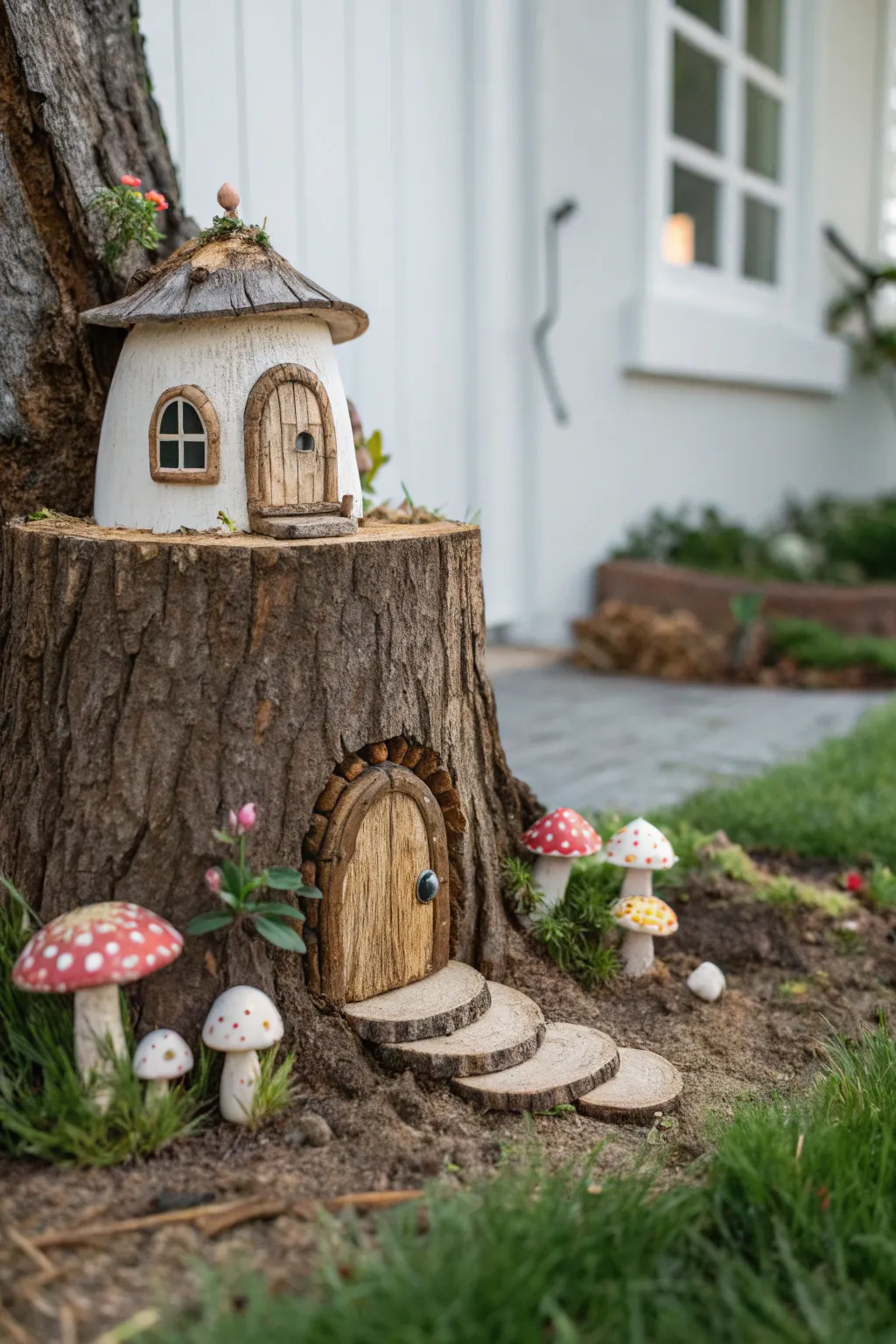 Whimsy meets craftsmanship: A fairy house with miniature mushroom accents brings magic to minimalist design.