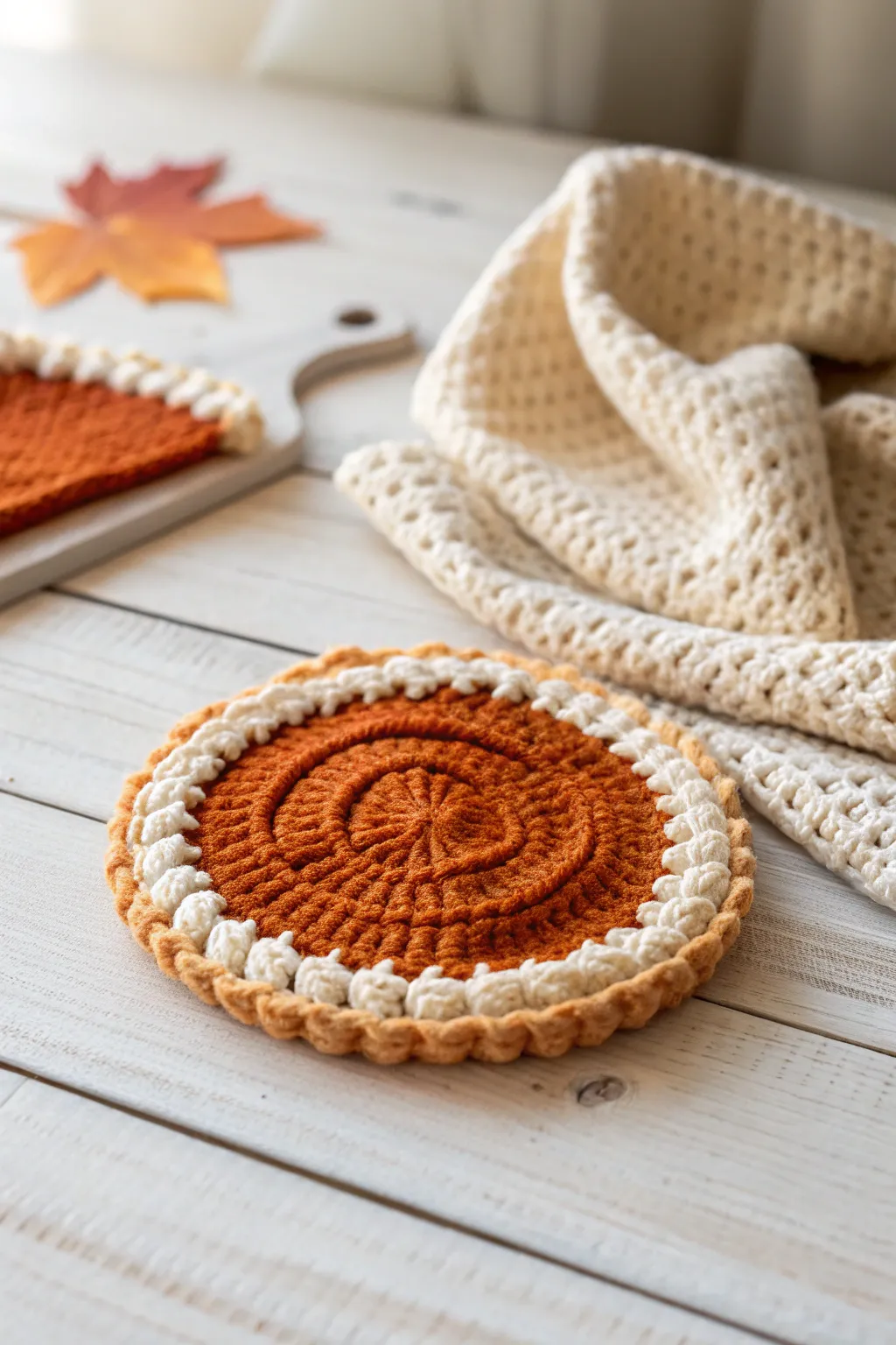 Add a cozy, handcrafted touch to your fall gatherings with these charming pumpkin pie coasters. 🍂🍰