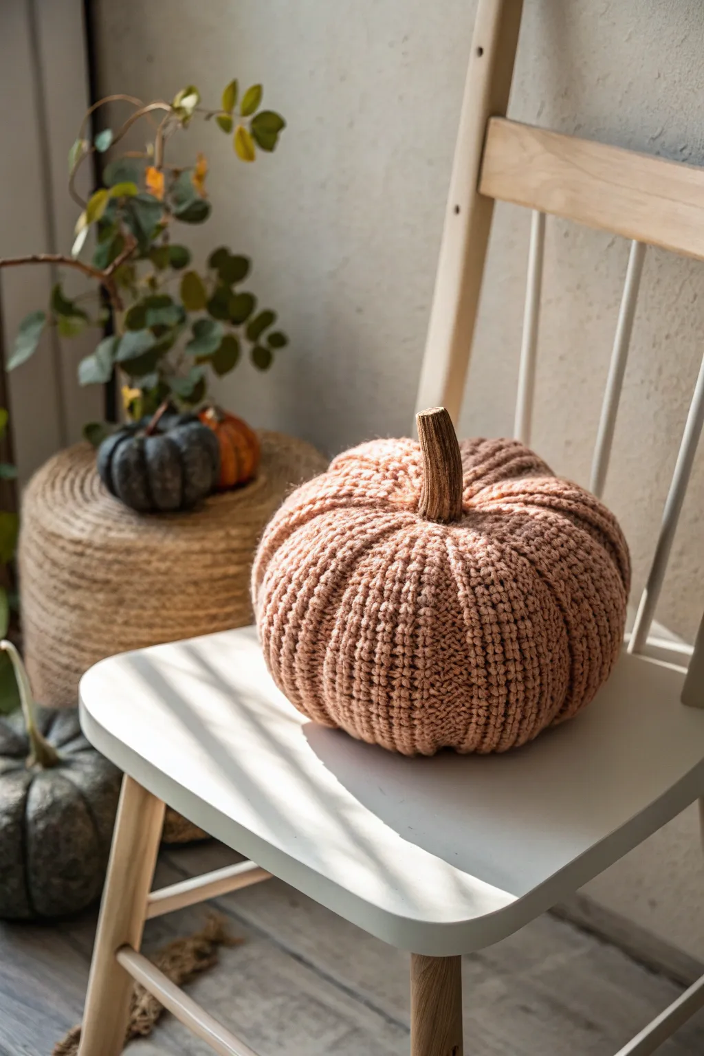 Add a touch of cozy elegance to your space with this charming crochet pumpkin pillow.