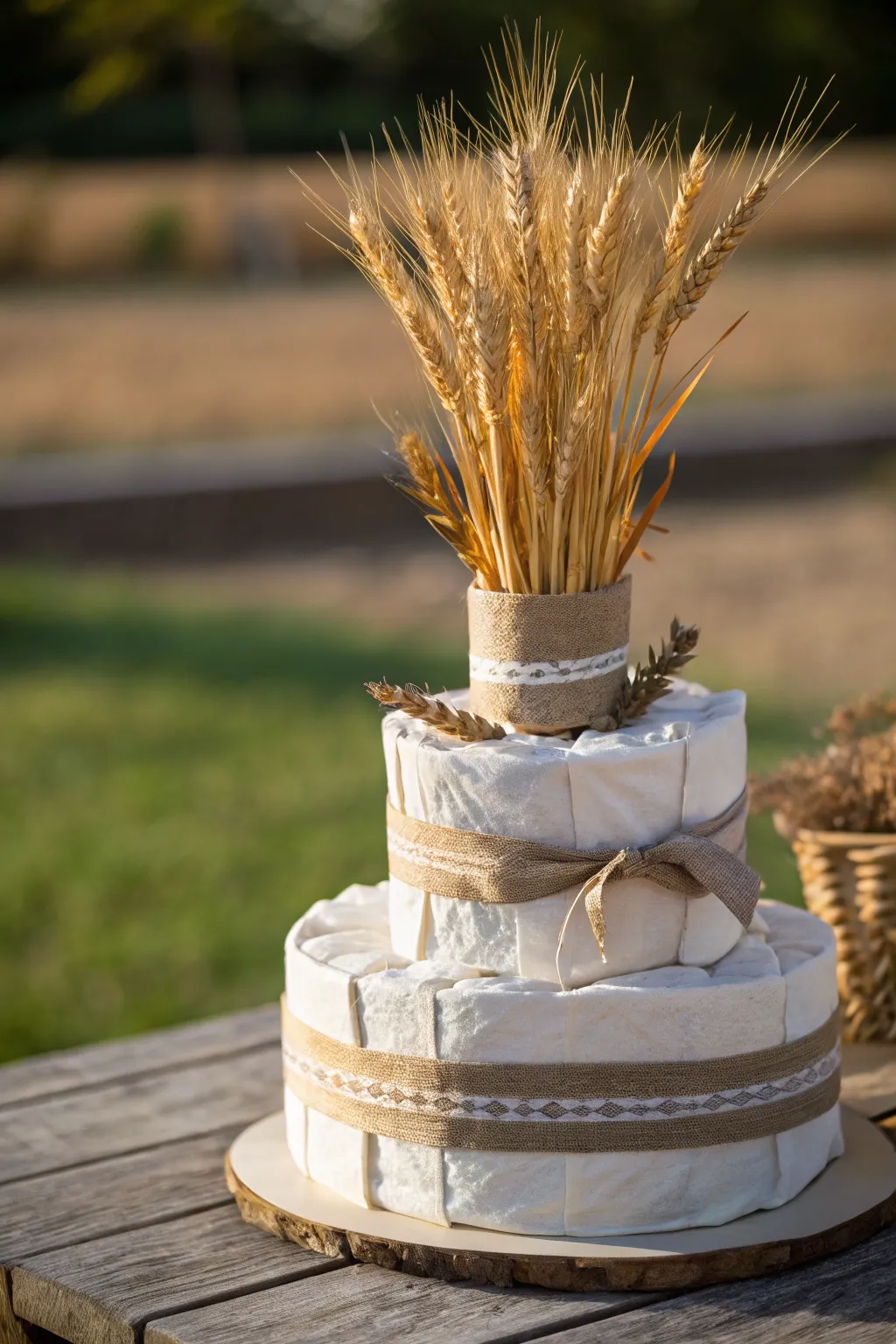 Embrace the elegance of fall with a golden wheat-inspired diaper cake, perfect for adding a touch of natural beauty to your celebration.