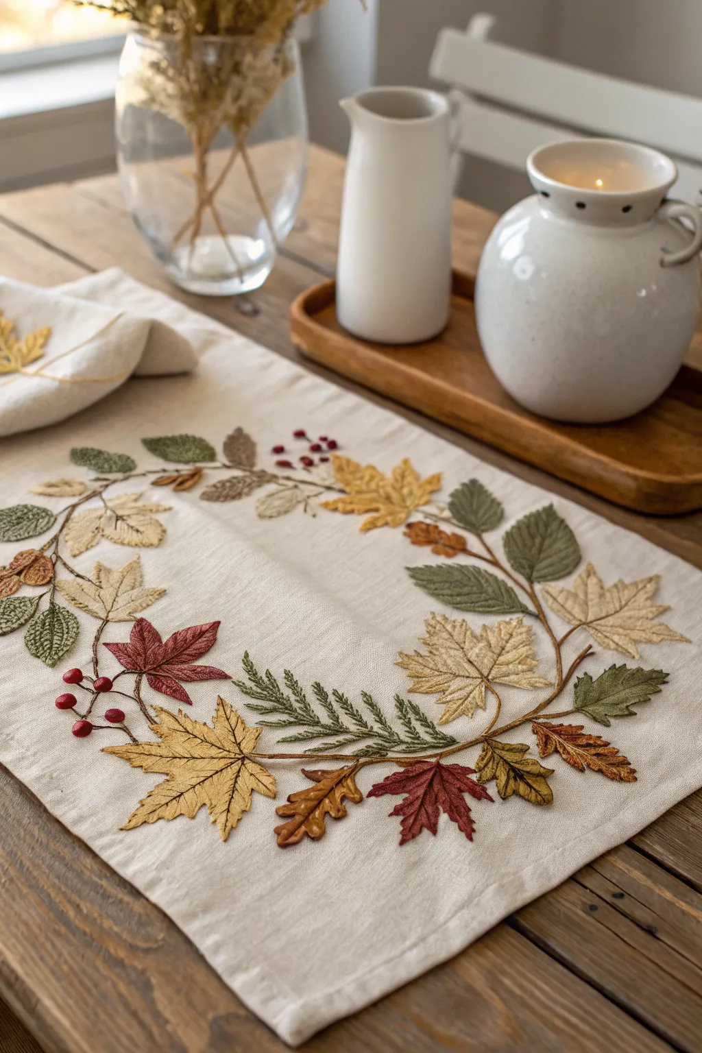 Embrace the elegance of autumn with a handcrafted leaf wreath embroidery, perfect for a cozy and stylish table setting.