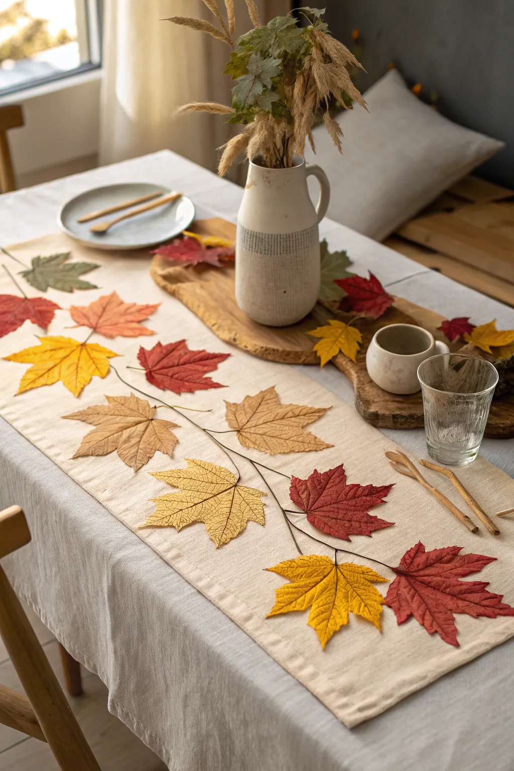 Add a touch of rustic elegance to your autumn table with a handcrafted leafy table runner.