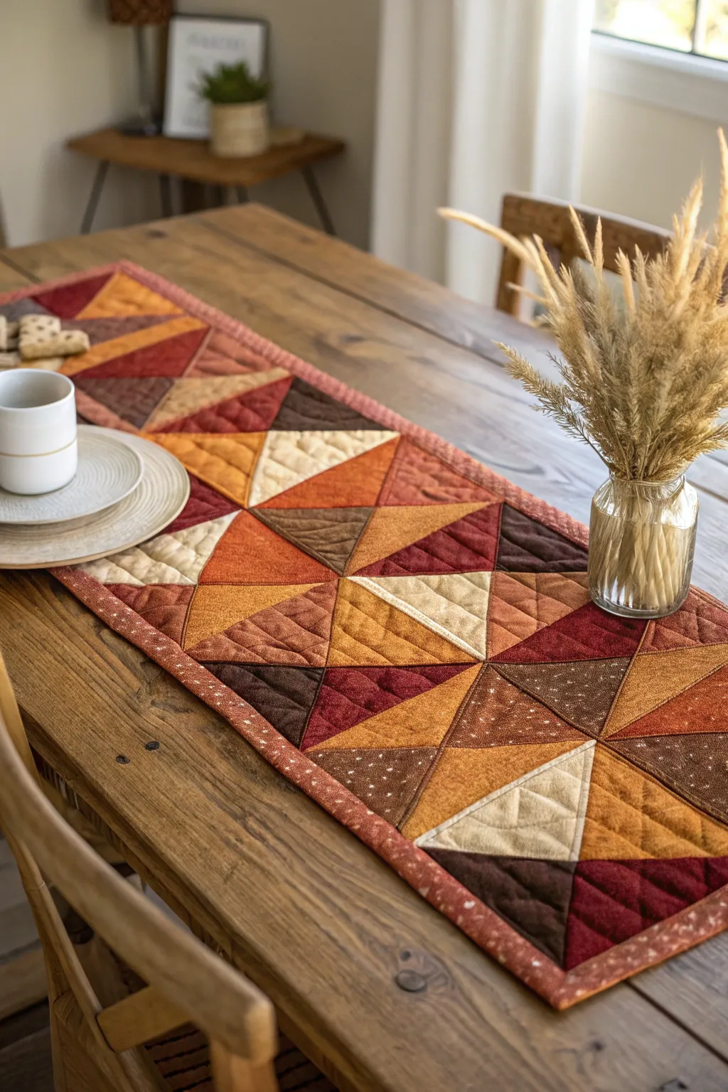 Transform your dining table with this elegant quilted table runner, bringing a touch of fall's natural beauty to your gatherings.