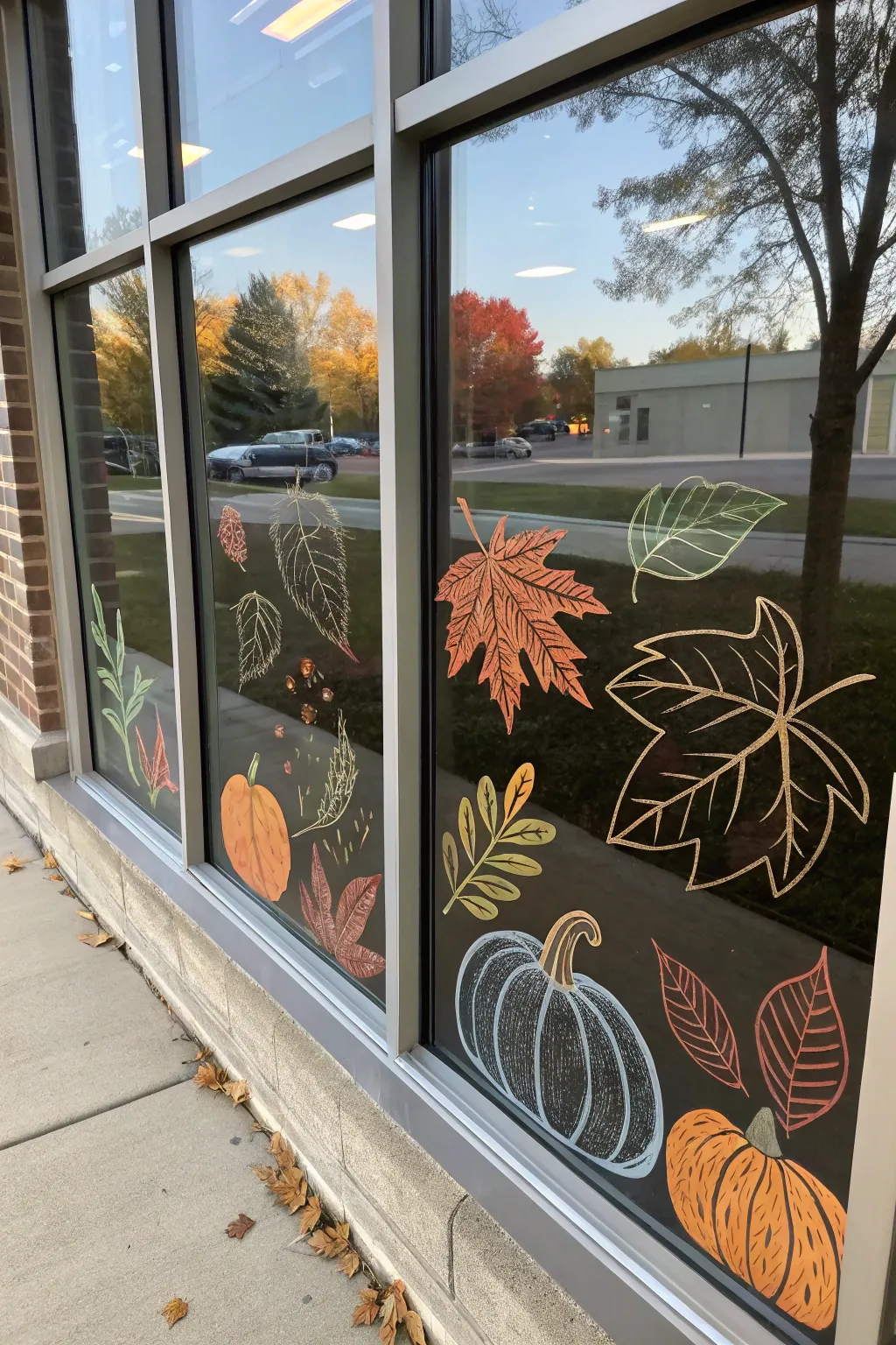 Nature-inspired chalk art on a fall-themed window.
