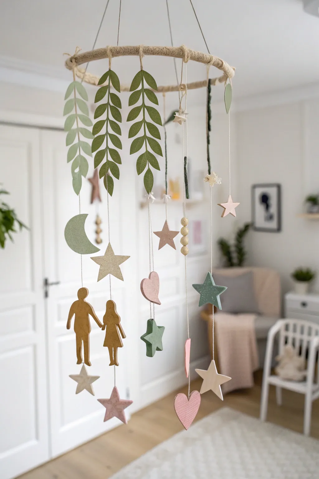 Bring warmth and movement to your home with a handcrafted family mobile, a perfect blend of minimalist design and playful charm.