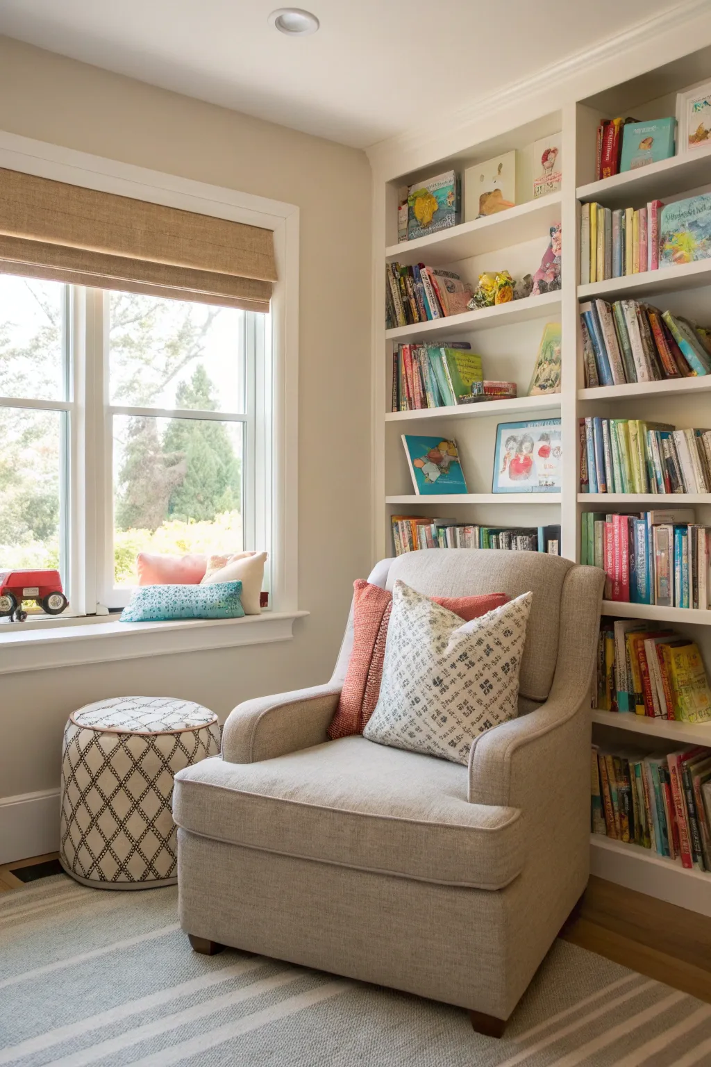 A cozy reading nook in the playroom with bookshelves and a comfy chair.